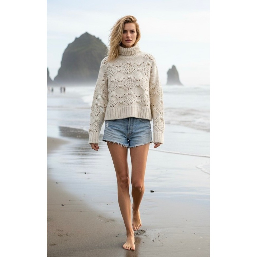 Zara Cream Chunky Aran Knit T-neck Sweater Button Cuff Boho Hygge Beachy Preppy